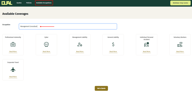 WebRater Available Occupations tab showing the occupation dropdown menu and a list of available products